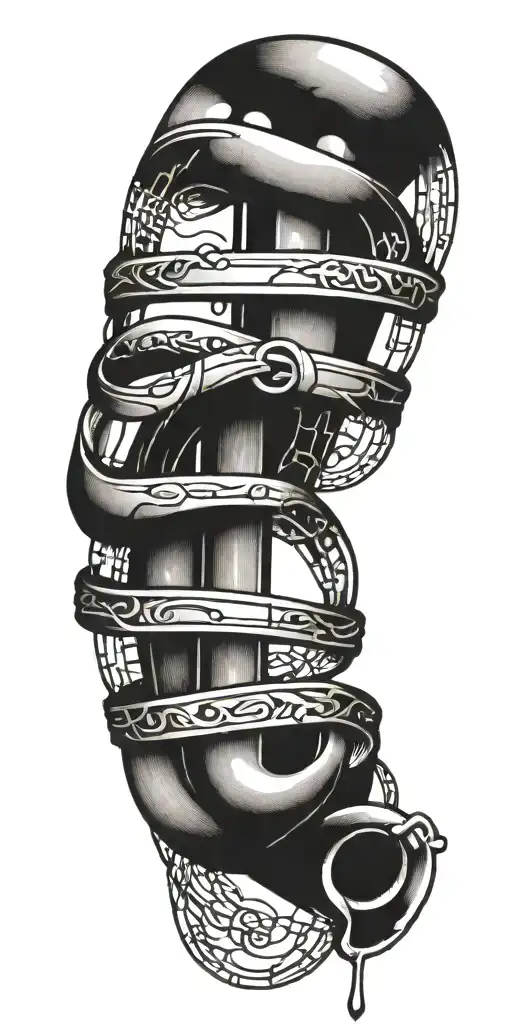 A Detailed Blackwork Tattoo Of A Pipe Intertwining With Musical Notes And Kitchen Utensils