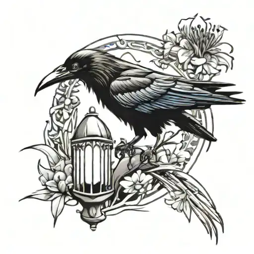 A Tattoo Design Combining A Raven And A Spider Lily In A Studio Ghibli Inspired Scene