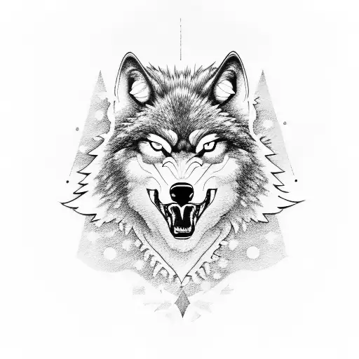 An Angry But Closed Mouth Wolf Head Looking Down To You Surronded By Trees In The Snow
