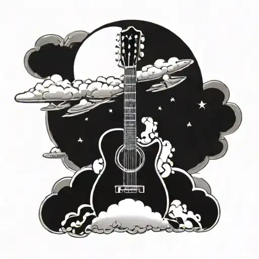 Guitar With Clouds And Plane Flying Towards The Sun