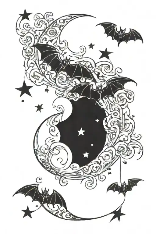 Cresent Moon With Swirls And Stars And Bats Surrounding Moon