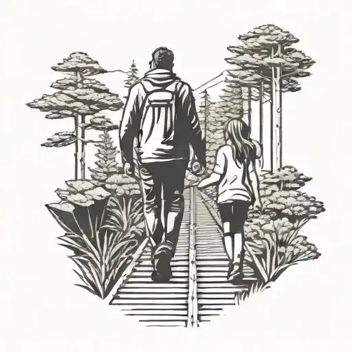 Father And Daughter Walking In Railway Track With Pine Trees On Sides