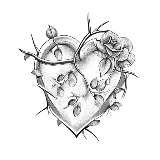 Floral Vine With Thorns Growing Around A Broken Heart