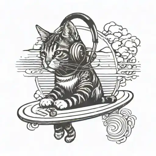 Cat Wearing Headphones On A Surf Board