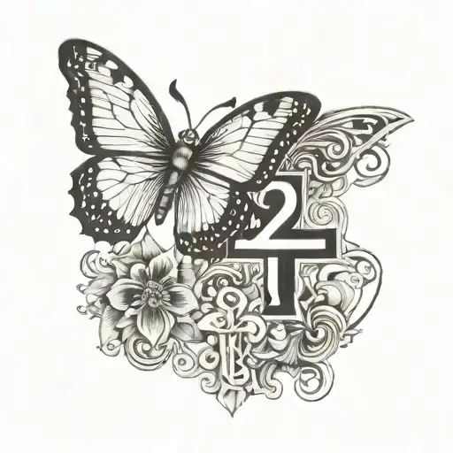 Number 27 Incopreted With A Butterfly And A Christian Orthodox Cross At The Background