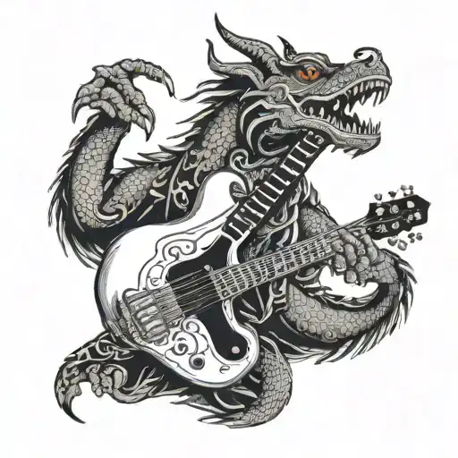A Bass Guitar Morphing Into A Dragon In A Traditional Asian Art Style