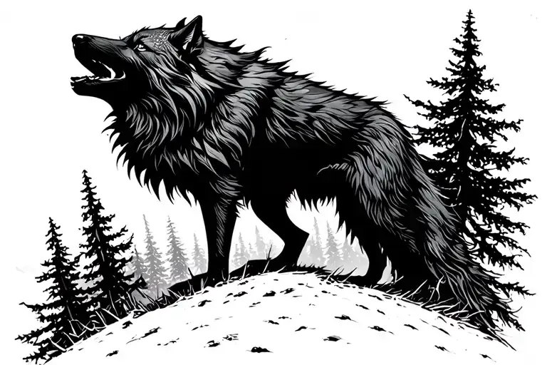 Dark Wolf Silhouette Howling On A Hill Overlooking