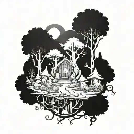 A Mystical Forest Scene With Trolls And Fairy Creatures Intertwined Among The Trees