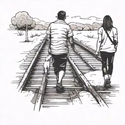 Father And Little Daughter Walking In Railway Track