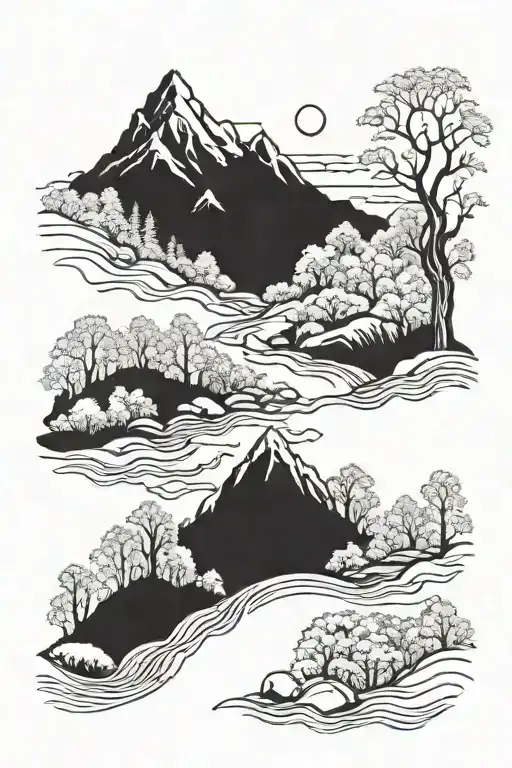 Mountain Back Ground With Trees And A River Flowing