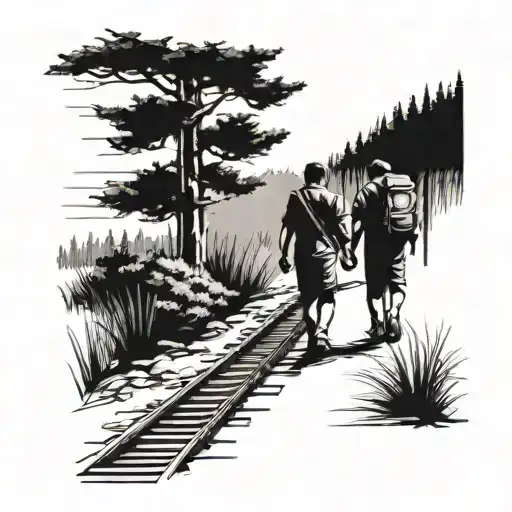 Father And Little Daughter Walking In Railway Track With Pine Trees On Sides