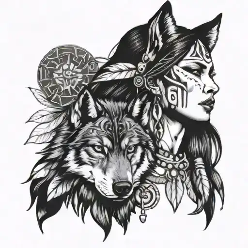 A Native American Women With A Wolf Above Her