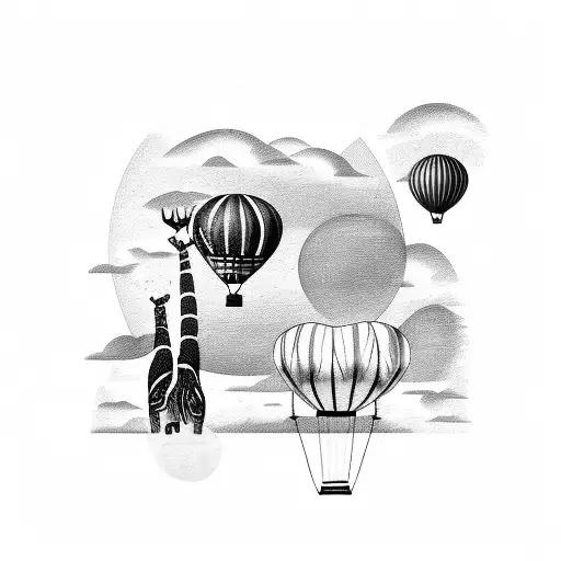 A Beautiful Painting Of An African Safari Scene With Animals And A Hot Air Balloon In The Background