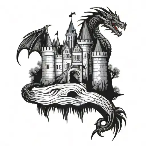 Castle With A Moat Guarded By A Dragon Wrapped