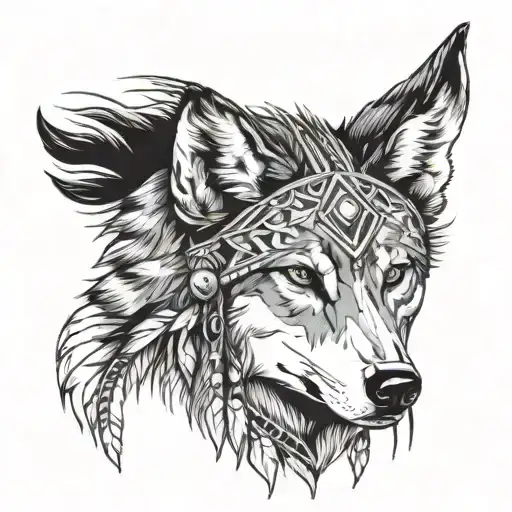 A Native American Women With A Wolf Above Her