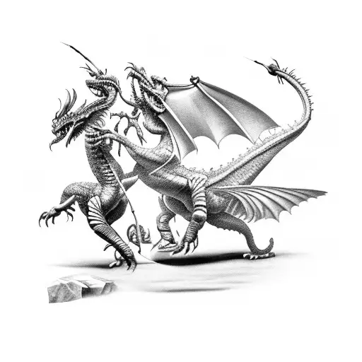 Two Gladiators Fighting Against A Flying Dragon Black And White 4K Detailed