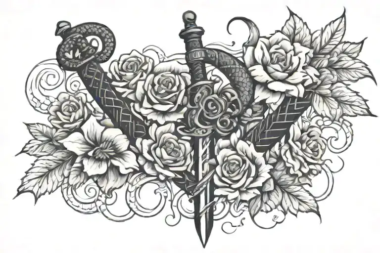 Flowers Around Sword And Snake Coiling