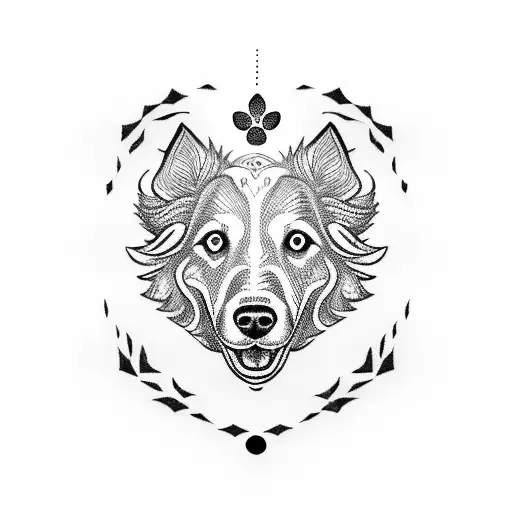 A Blackwork Tattoo Of A Stoic Symbol Surrounded By Border Collie Paw Prints