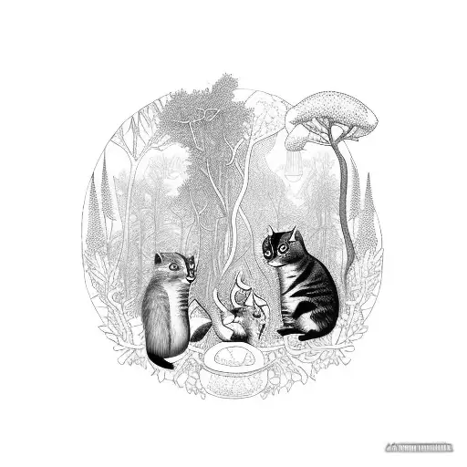 A Mystical Forest Scene With Cats And Meerkats Playing Together