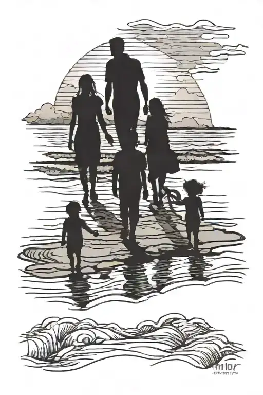 A Family Of 5 Silhouette Walking Along The Beach At Sunset