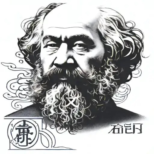 A Stylized Portrait Of Karl Marx With Chinese Calligraphy In The Background