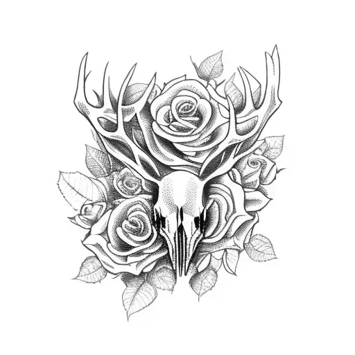 Elk Skull With Vines And Roses