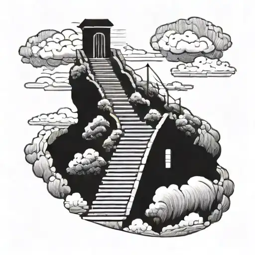 Person Walking On A Small Staircase To Heaven With Clouds At The Top