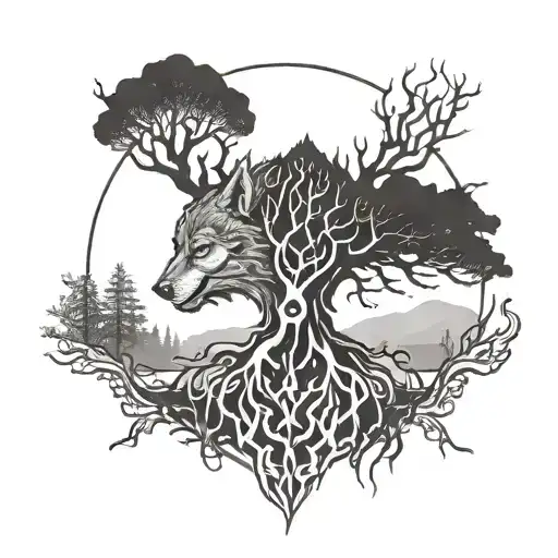 Wolfshead And A Yggdrasil In Background With Some Fog Arround