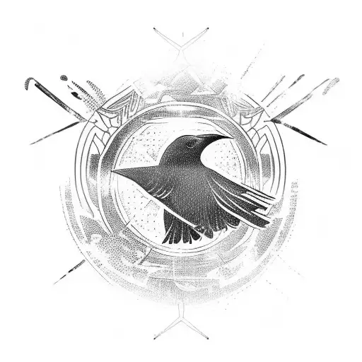 Silhouette Of Raven Flying With Runes Creating A Relief In The Silhouette