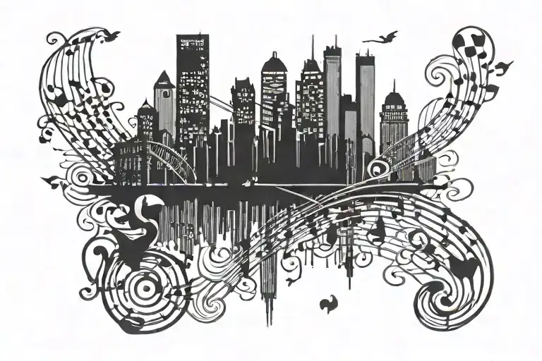 City Skyline Silhouette With Music Notes Incorporated