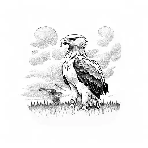 Depict A Hunter Kneeling In A Field With A Bald Eagle Soaring Overhead In A Blackwork Design