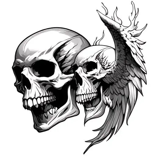 2 Skulls Facing Each Other Half Skull With A Demonic Angel Michael With A Flamed Sword