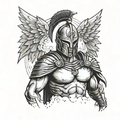 Spartan Warrior With Wings Spread Wide And Halo On Top Of Head
