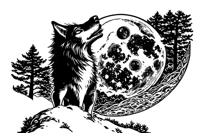 Wolf Silhouette Howling On A Hill With The Light From The Moon Outlining The Wolf