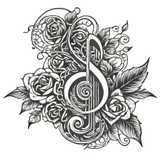 A Detailed Blackwork Tattoo Of A Music Staff Intertwined With Vines And Roses