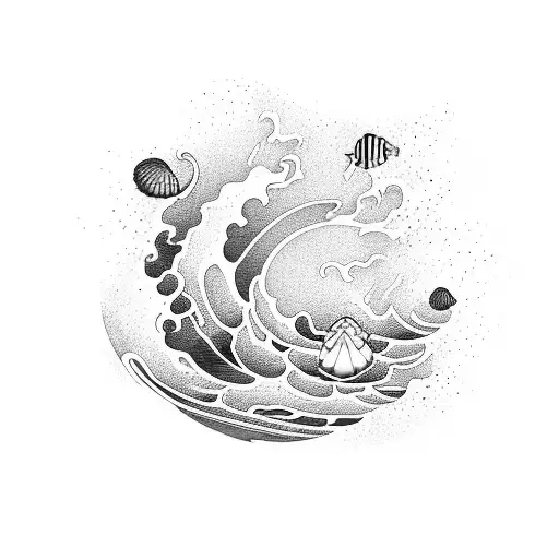 Ocean Waves Crashing On A Sandy Beach With A Collection Of Sea Shells Scattered Around