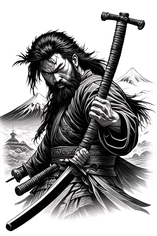 Japanese Ronin Wielding A Katana With Mount Fuji In The Background