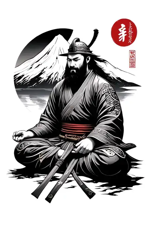 Japanese Ronin Samurai Warrior Meditating With Mount Fuji Behind
