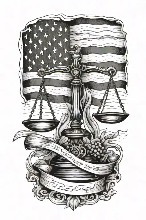 Justice Scales And American Flag Intertwined