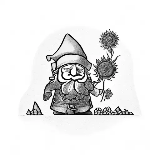 An Intricate Blackwork Tattoo Of A Gnome Playing With A Skull Surrounded By Sunflowers