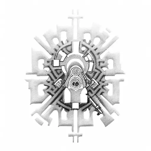 A Blackwork Tattoo Of A Gun With Smoke Forming Into Gears