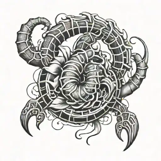 Scorpio With 7 Hearts Connected Line Tattoo Black And White