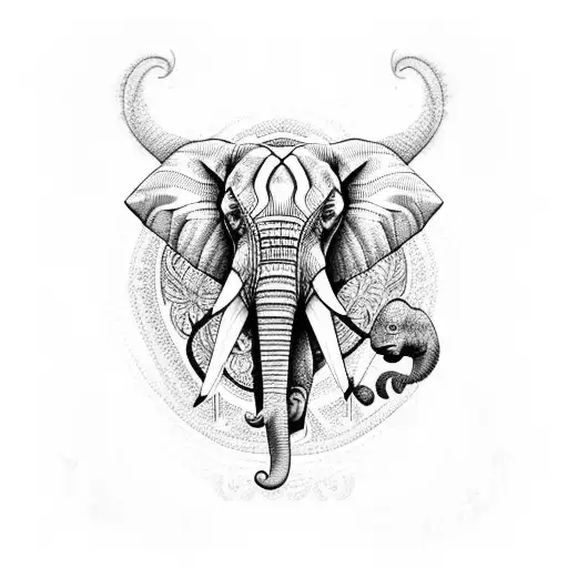 An Intricate Dotwork Design Of An Elephant Surrounded By Jungle And Creatures
