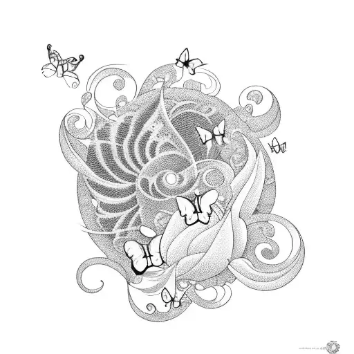 Flower With Butterflies And A Ocean Wave