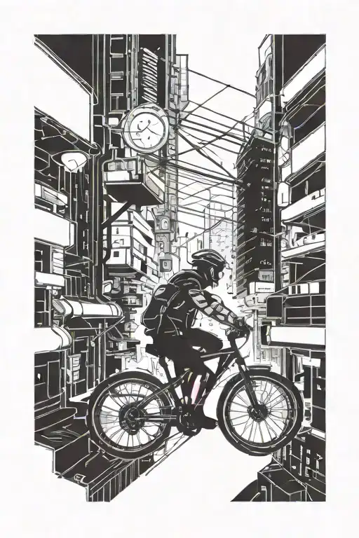 A Futuristic Cyberpunk Cityscape With A Cyclist Weaving Through The Neon Lights