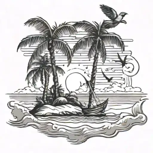 A Beach Scene With Palm Trees And A Cardinal Flying Overhead