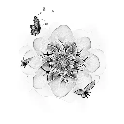 Violet Flower With Butterflies And A Ocean Wave