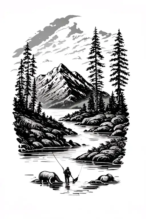 Mountain Landscape Tattoo Featuring Animals And Fisherman In Stream