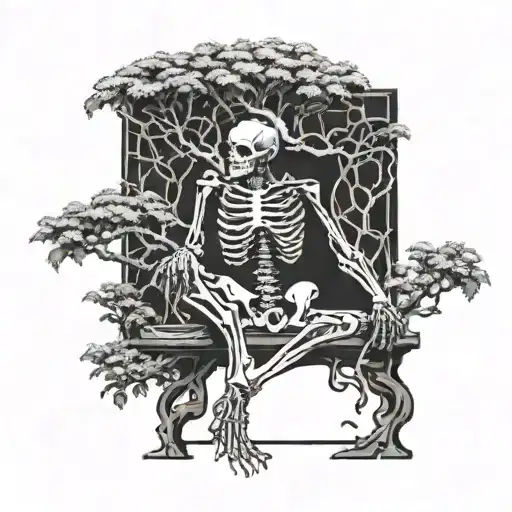 A Skeleton In A Squat Cutting A Bonsai Tree Branches
