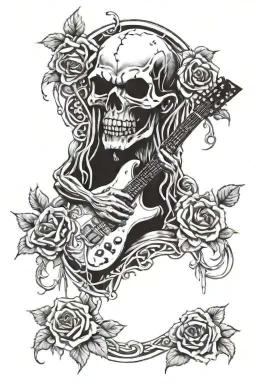 A Tattoo Design Incorporating Iron Maiden's Eddie Surrounded By Skulls And Roses And A Guitar